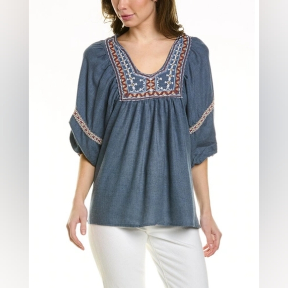 Max Studio Embroidered Boho Pesant Puff Sleeved Festival Blouse Cotton Blend S - Picture 1 of 8